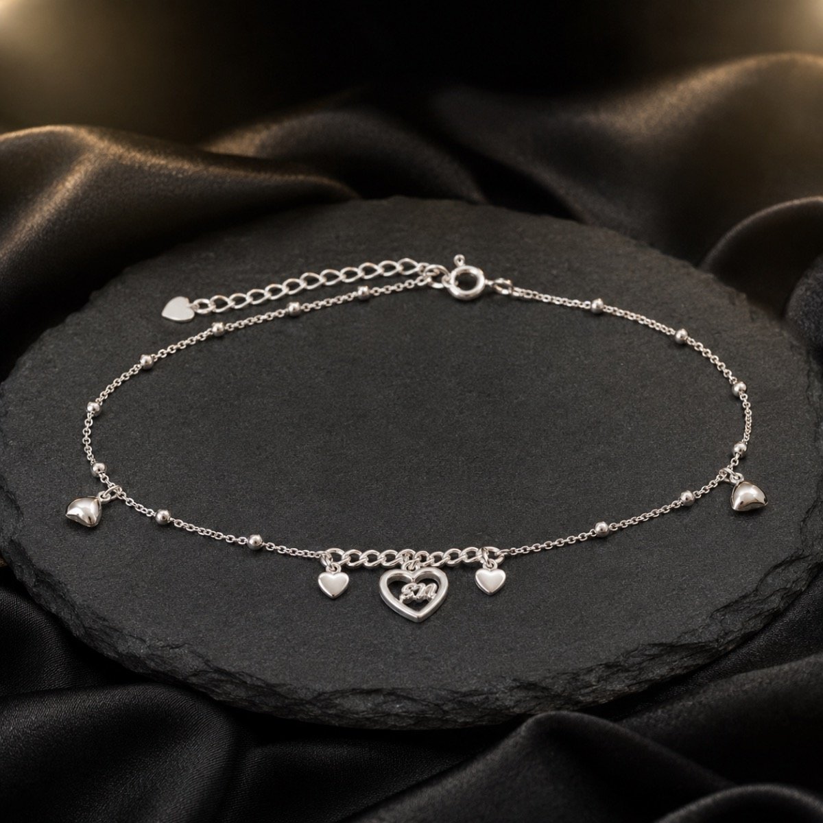 Heart & Bell Charm Silver Anklet — 925 sterling silver