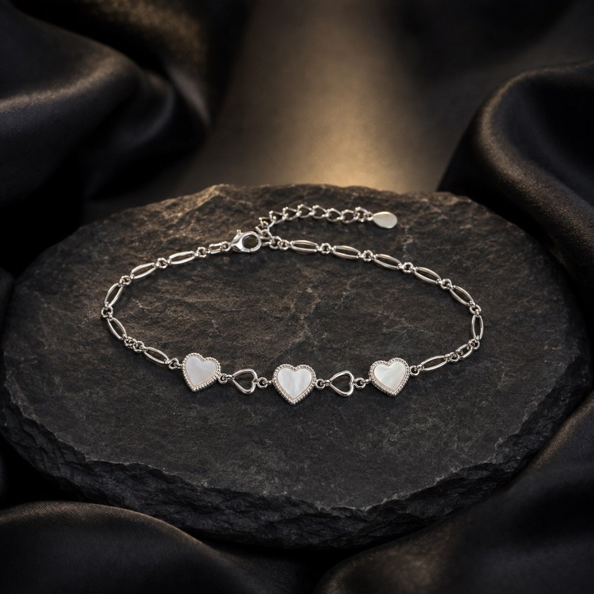 Pearl Heart Link Bracelet — 925 sterling silver