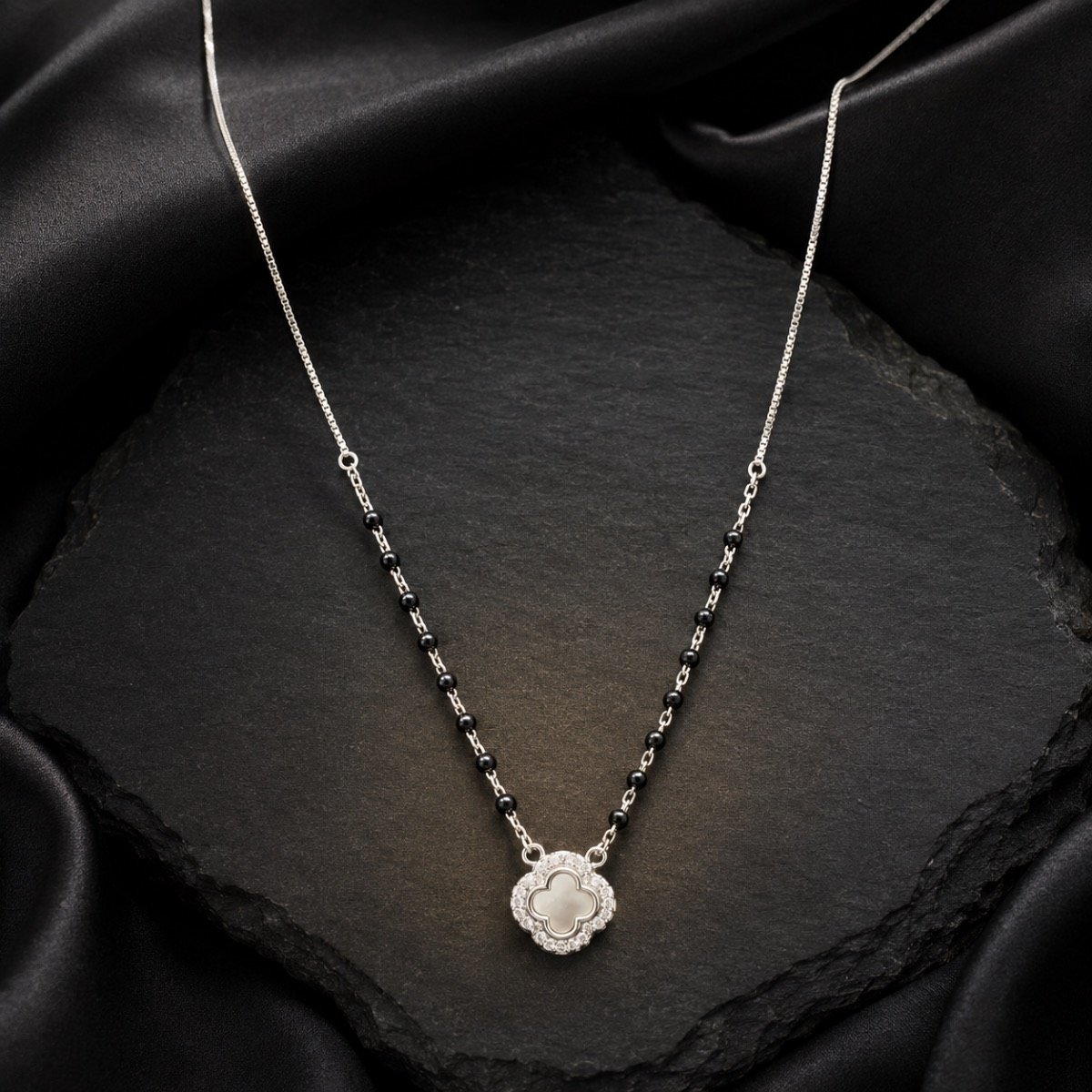 Pearl Clover Halo Mangalsutra — 925 sterling silver