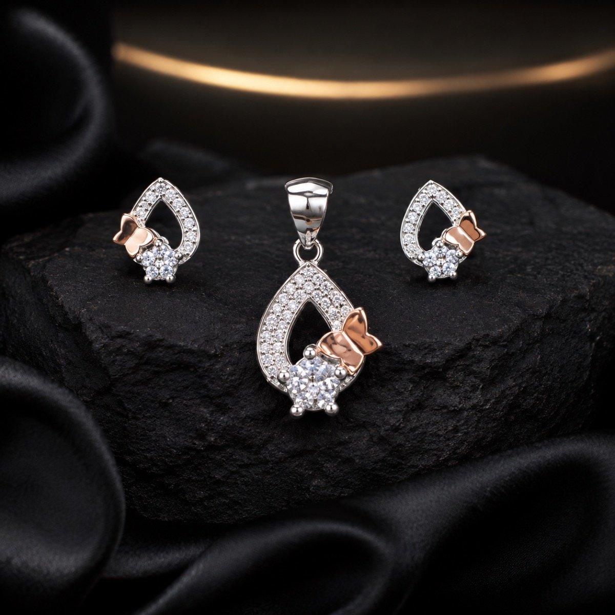 Rosy Bow Crystal Silver Pendant Set — 925 sterling silver