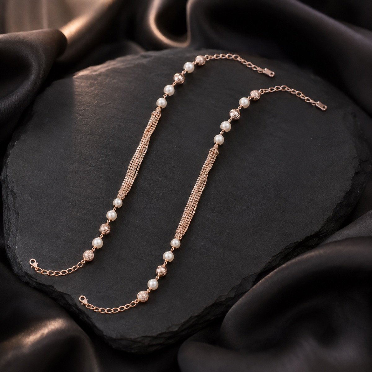 Pearl Cascade Rose Gold Anklet Pair — 925 sterling silver